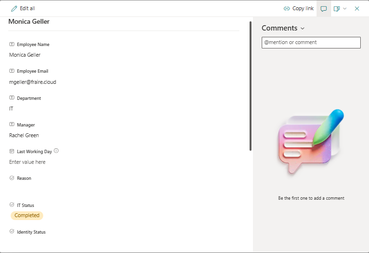 SharePoint request details showing the employee record with IT Status set to Completed